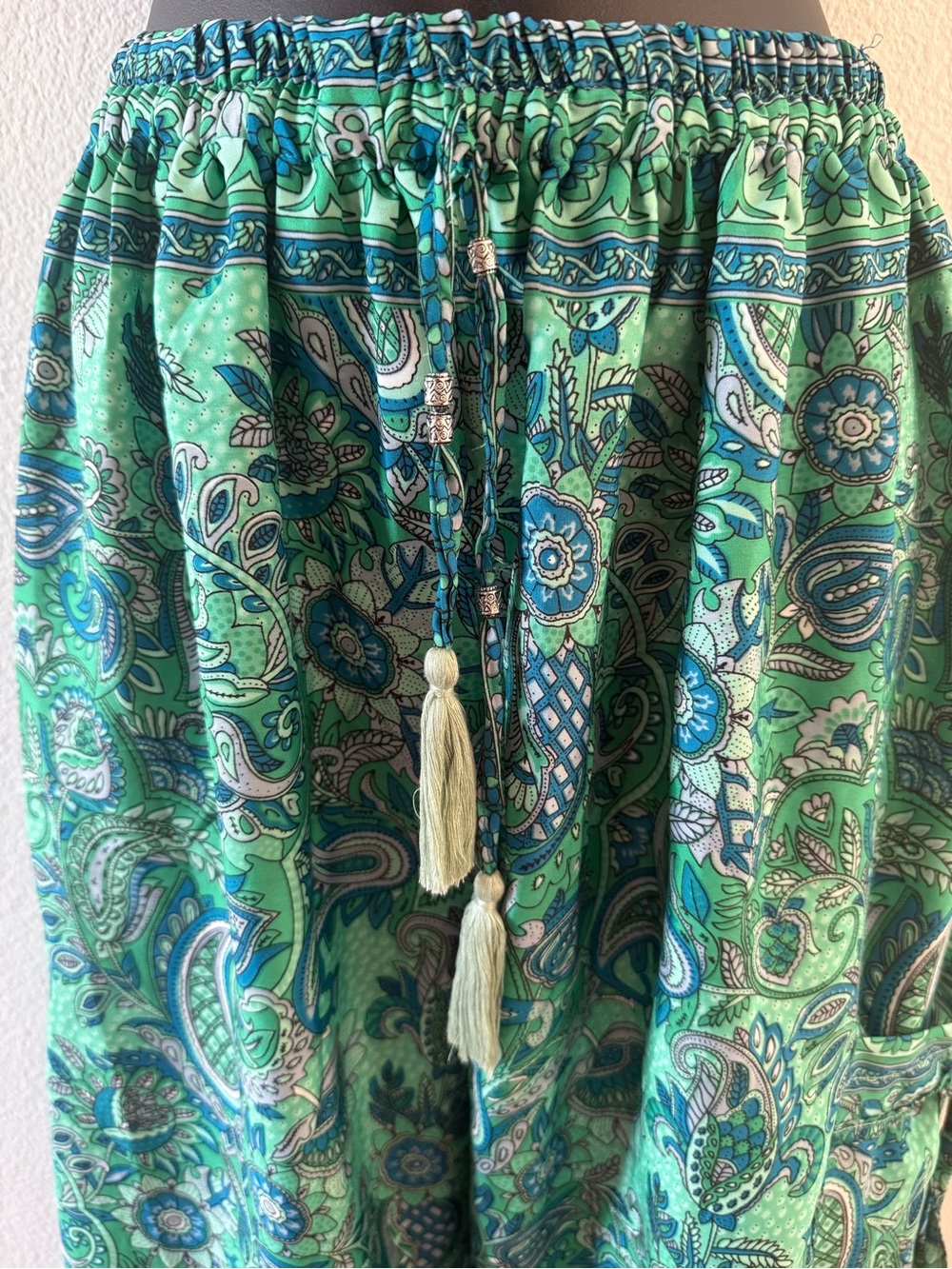 100% Silk Paisley Print Harem Drawstring Pants Made in India - Picture 3 of 6